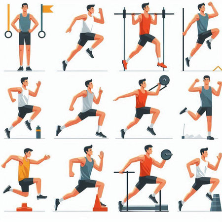 Set of sportsman doing exercises with barbell. Flat vector illustration.のイラスト素材
