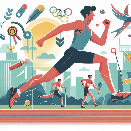 Vector illustration of an athlete running in the city. Concept of a healthy lifestyle.のイラスト素材