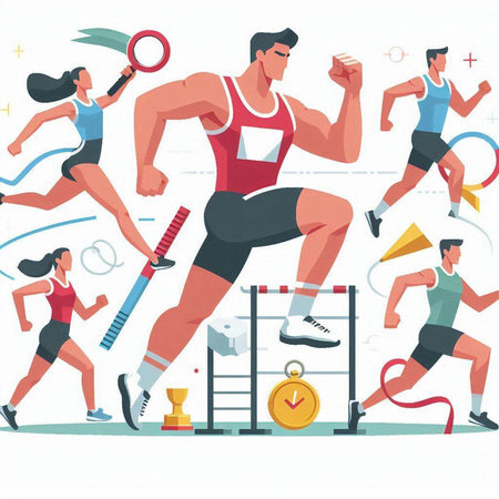 Sportsman and woman running on parallel bars. Flat vector illustration.のイラスト素材