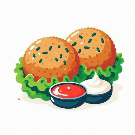 Illustration of fried fish cakes with mayonnaise and ketchupのイラスト素材
