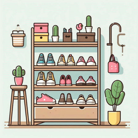 Vector illustration of shoe store shelf with different shoes and accessories in flat styleのイラスト素材
