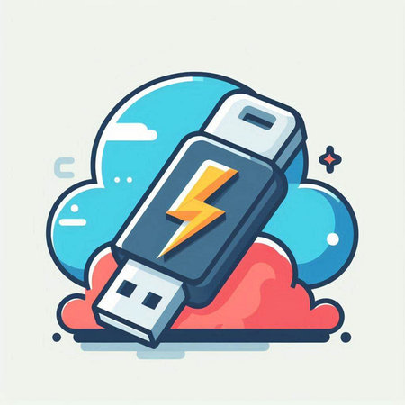 USB flash drive with thunderbolt. Modern thin line style vector illustration.のイラスト素材