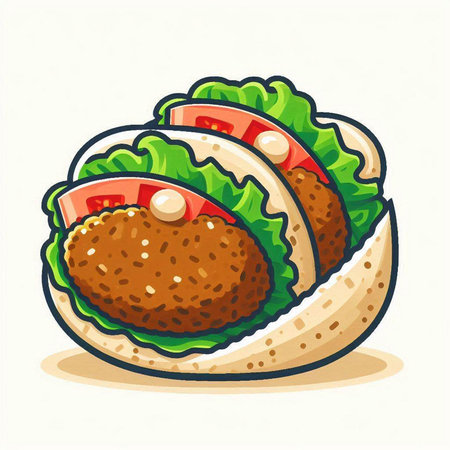 Illustration of a hamburger with lettuce and tomato on a white backgroundのイラスト素材