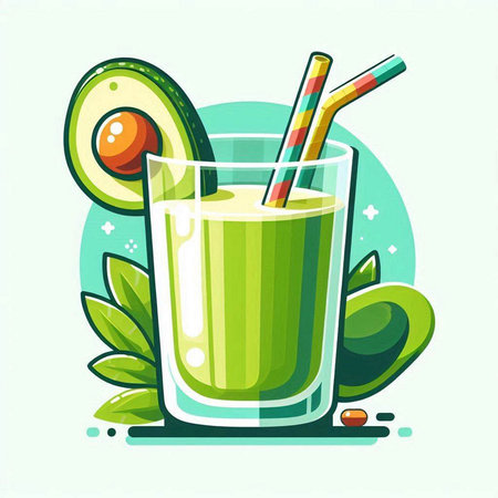 Green smoothie in glass with straws and avocado. Vector illustration.のイラスト素材