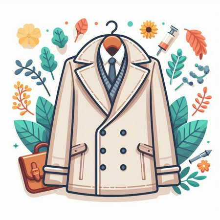 Vector illustration of a male coat with a briefcase, flowers and leaves.のイラスト素材