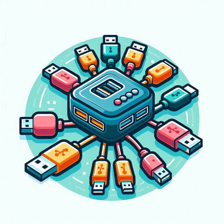 Vector illustration of a usb flash drive with connectors and USB ports.のイラスト素材