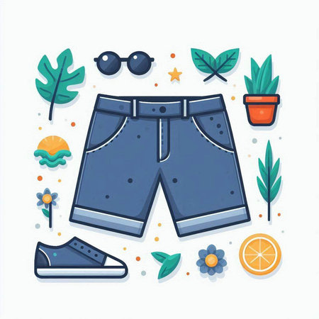 Vector illustration of summer clothes - shorts, sneakers, sunglasses, flowers, leaves.のイラスト素材