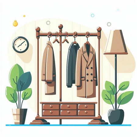 Vector illustration of a wardrobe with clothes and accessories in flat style.のイラスト素材