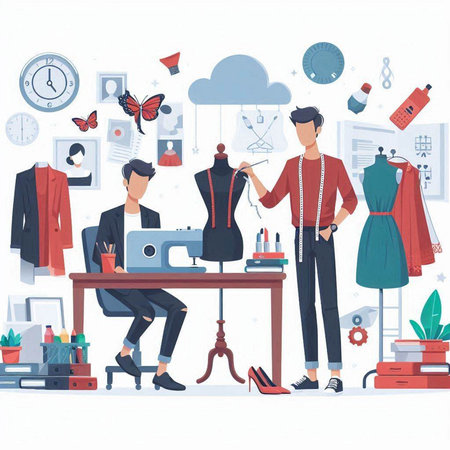 Fashion designer working on a new collection of clothes. Vector illustrationのイラスト素材