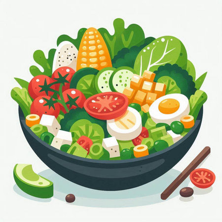 Vegetable salad in a bowl. Healthy food vector illustration.のイラスト素材