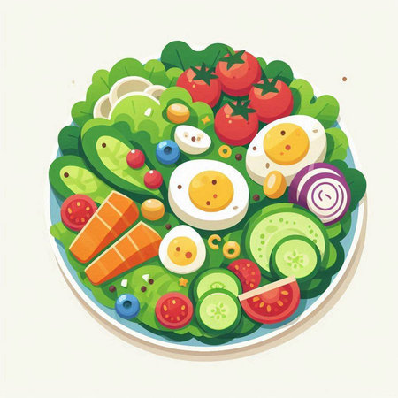 Salad with eggs, tomato, cucumber and onion. Vector illustration.のイラスト素材