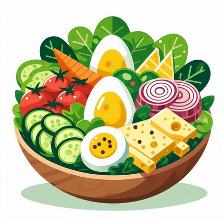 Healthy food in bowl with vegetables and eggs. Vector illustration.のイラスト素材