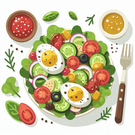 Healthy salad with tomato, cucumber, onion and olives. Vector illustrationのイラスト素材