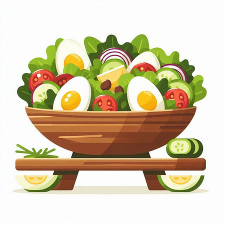 Fresh vegetable salad in wooden bowl isolated on white background. Vector illustration.のイラスト素材