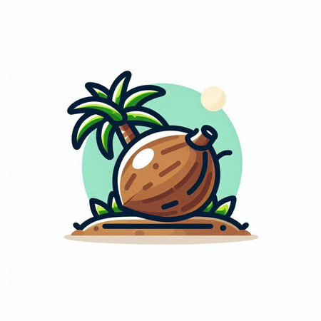 Coconut on the island with palm trees. Vector illustration.のイラスト素材