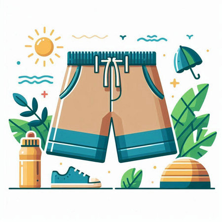 Swimming trunks and beach accessories. Vector illustration in flat styleのイラスト素材