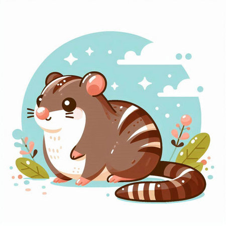 Cute cartoon rat sitting on the ground with flowers. Vector illustration.のイラスト素材