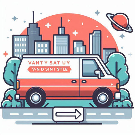 Vector illustration of flat design concept of van with cityscape background.のイラスト素材
