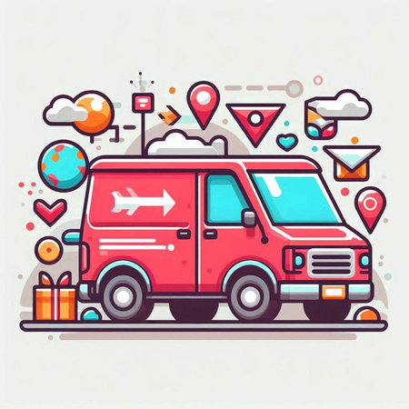 Vector illustration of delivery van. Flat line art design for web, site, advertising, banner, poster and print.のイラスト素材