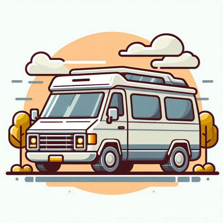 Vector illustration of a campervan on the road. Flat design.のイラスト素材