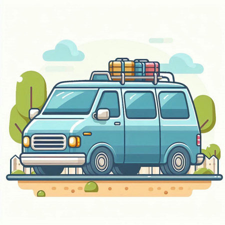 Vector illustration of a blue van with luggage on the road. Flat style.のイラスト素材