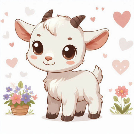 Cute cartoon goat with flowers and hearts on a white background.のイラスト素材
