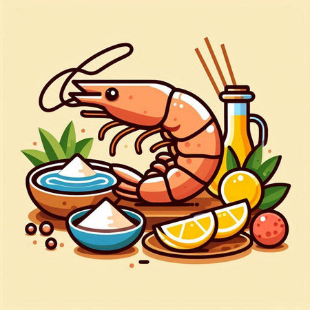 Lobster and ingredients for shrimps. Vector illustration.のイラスト素材