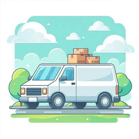 Delivery van with boxes. Vector illustration in flat cartoon style on white background.のイラスト素材