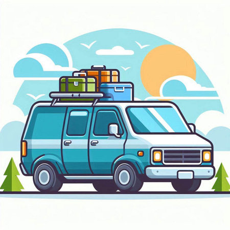 Vector illustration of a van with luggage on the roof in the mountainsのイラスト素材