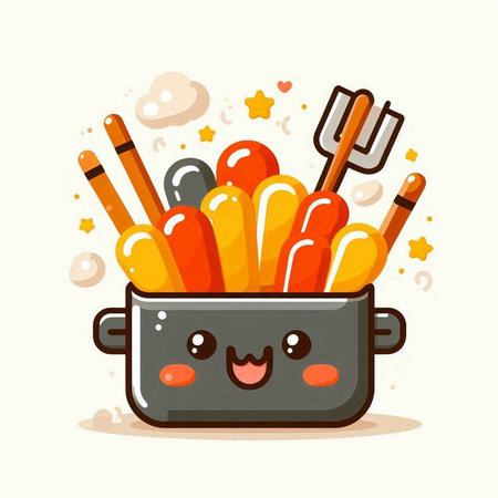 Cute cartoon vector illustration of kawaii french fries in a saucepan.のイラスト素材