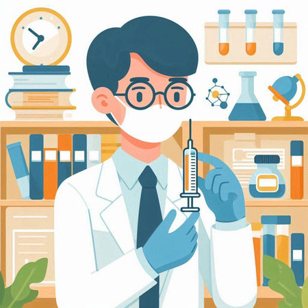 Scientist with a syringe in his hands. Vector illustration.のイラスト素材
