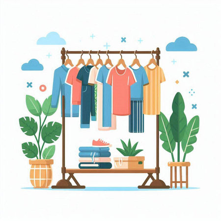 Clothes hanging on the clothes rack. Vector illustration in flat styleのイラスト素材