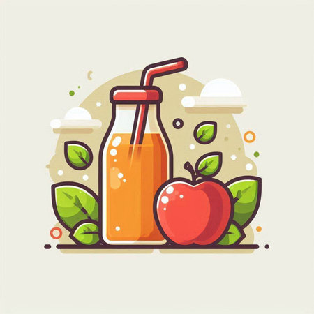 Apple juice in a glass bottle with a straw. Vector illustration.のイラスト素材