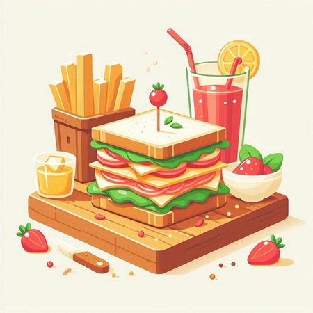 Sandwich with ham, cheese, tomato juice and french fries. Vector illustrationのイラスト素材