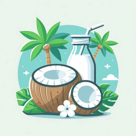Coconut and milk on the background of palm trees. Vector illustration.のイラスト素材