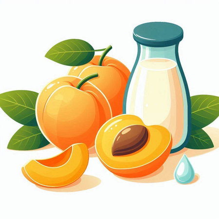 Illustration of fresh apricots and a bottle of milk.のイラスト素材