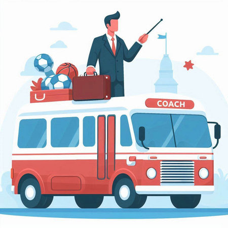 Businessman with a suitcase in front of a bus. Vector illustrationのイラスト素材