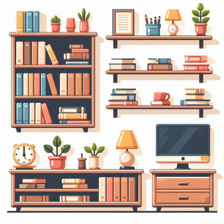 Bookshelves with different books and accessories. Vector illustration in flat styleのイラスト素材