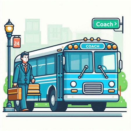 Bus travel concept. Vector illustration of a bus bus with a businessmanのイラスト素材
