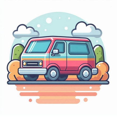 Vector illustration of a van on the road. Colorful flat design.のイラスト素材