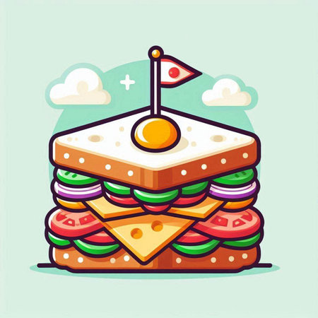 Sandwich icon. Vector illustration of a sandwich with cheese, tomato, cucumber and sausage.のイラスト素材