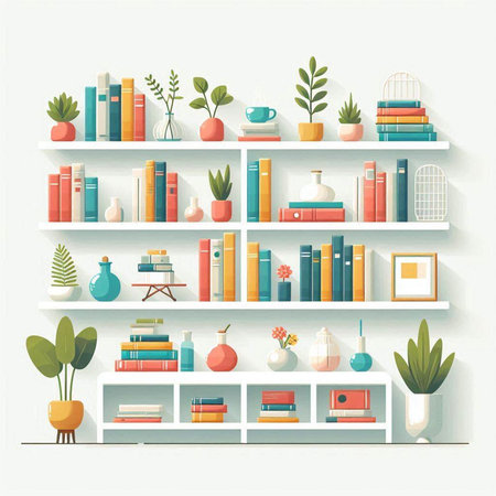 Bookshelf with books and plants. Vector illustration in flat styleのイラスト素材