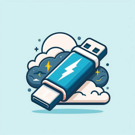 Usb flash drive with thunderstorm and clouds. Vector illustration.のイラスト素材