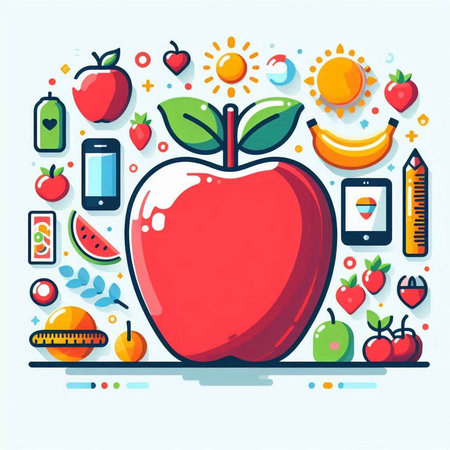 Healthy lifestyle concept with apple, fruits and vegetables. Vector illustrationのイラスト素材