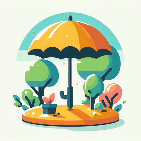 Vector illustration of an umbrella in the park with trees and plants.のイラスト素材