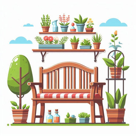 Wooden bench with plants in pots. Vector illustration in cartoon styleのイラスト素材