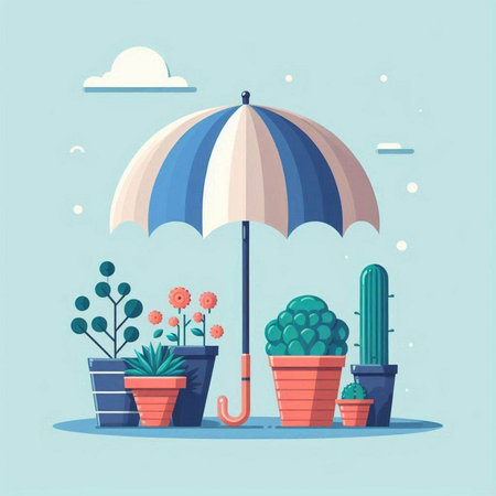 Flat design vector illustration concept of home garden with plants and umbrella.のイラスト素材