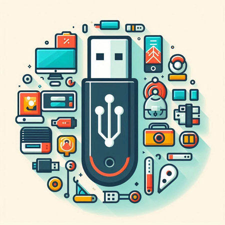 Vector illustration of USB flash drive and electronic devices in flat design style.のイラスト素材