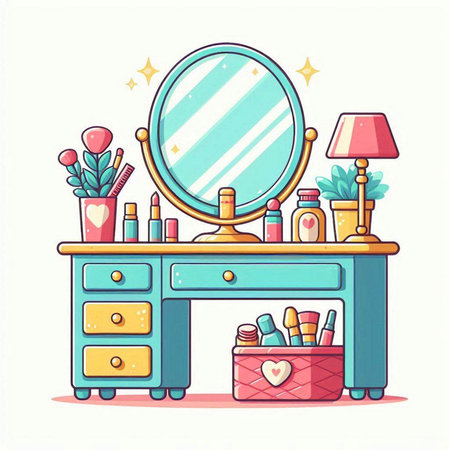 Vector illustration of a dressing table with a mirror and cosmetics in a flat styleのイラスト素材