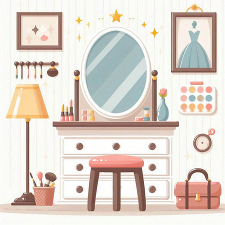 Illustration of a dressing room with a mirror and cosmetics. Vector illustrationのイラスト素材